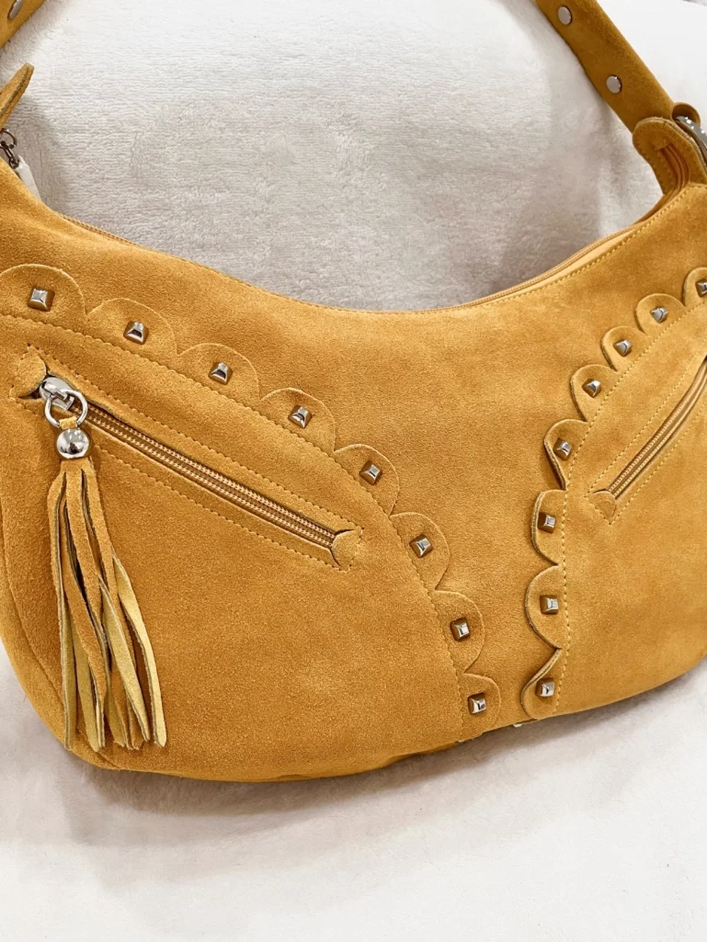 The Find Camel Suede Studded Shoulder Bag NWOT - Picture 3 of 12